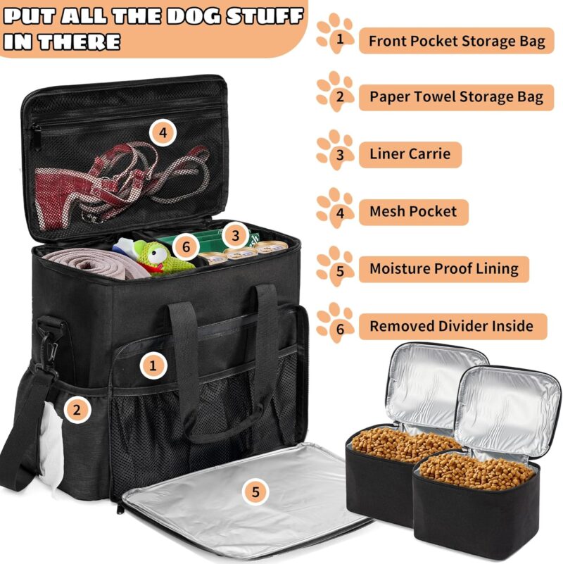 Dog Travel Bag, Airline Approved Tote Organizer, Travel Dog Backpack with Multi-Function Pockets for Dog Stuff & Pet Supplies Travel Essentials，Black with Bowl(BLUE&BLUE) - Image 5
