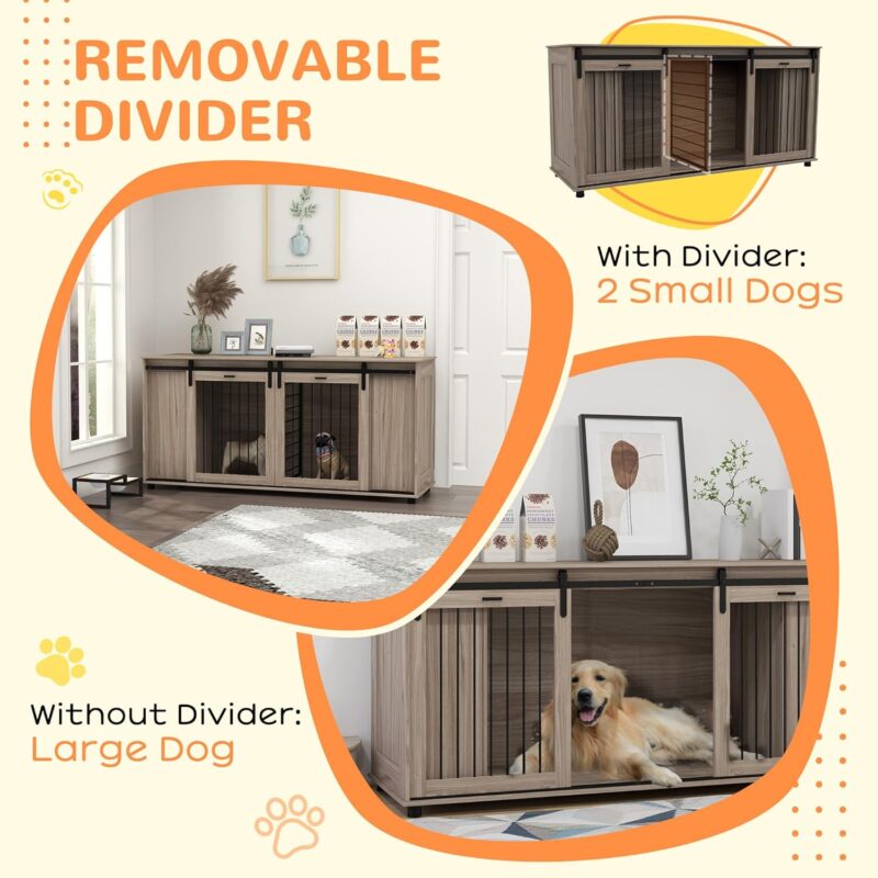 Dog Crate Furniture with Removable Divider for 2 Small Dogs or 1 Large Dog, 71" Modern Dog Kennel Furniture End Table with Storage, Double Doors, Walnut - Image 6
