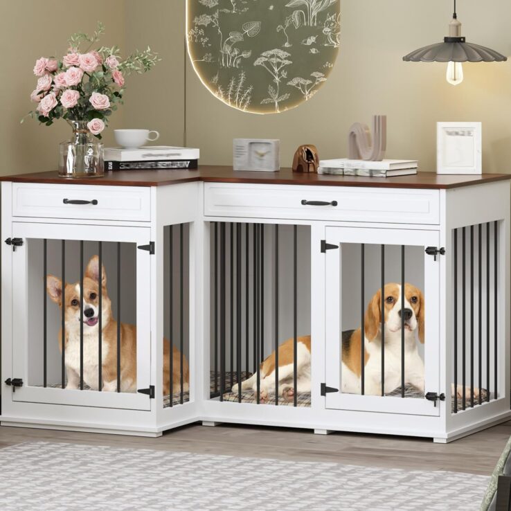Lovinouse Large Corner Dog Crate Furniture, Wooden L Shaped Double Dog Crate Kennel Furniture with 2 Drawers and Divider, XXL Heavty Duty Dog Crates Furniture for 2 Medium or Large Dogs Indoor, White
