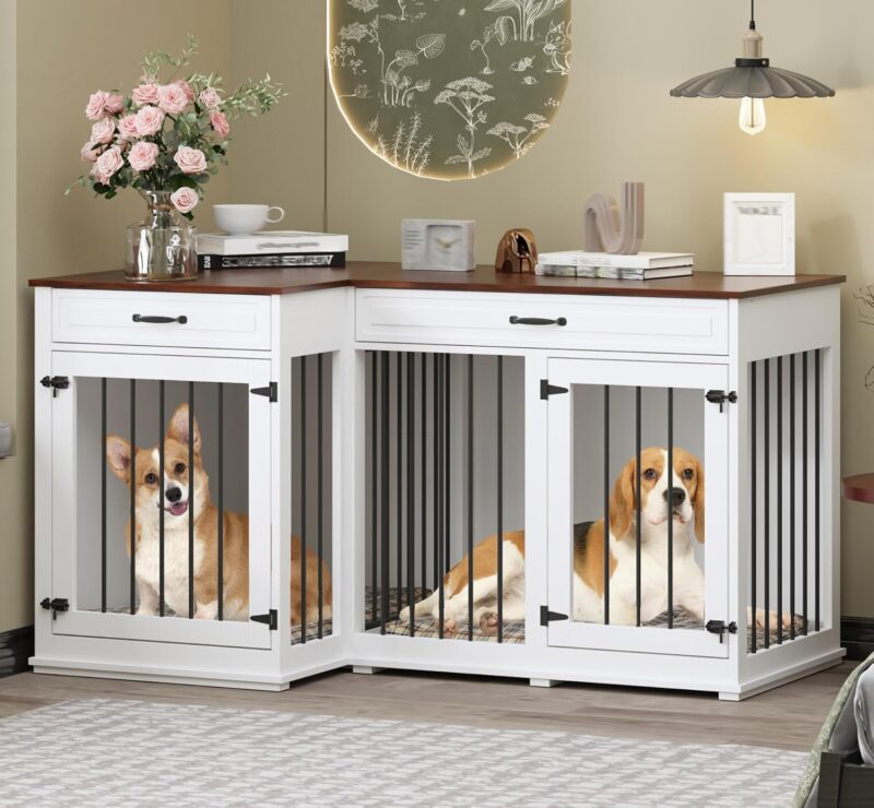 Lovinouse Large Corner Dog Crate Furniture, Wooden L Shaped Double Dog Crate Kennel Furniture with 2 Drawers and Divider, XXL Heavty Duty Dog Crates Furniture for 2 Medium or Large Dogs Indoor, White