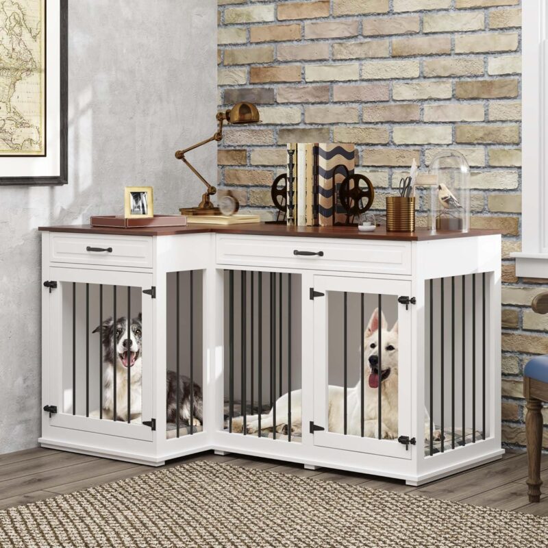 Lovinouse Large Corner Dog Crate Furniture, Wooden L Shaped Double Dog Crate Kennel Furniture with 2 Drawers and Divider, XXL Heavty Duty Dog Crates Furniture for 2 Medium or Large Dogs Indoor, White - Image 3