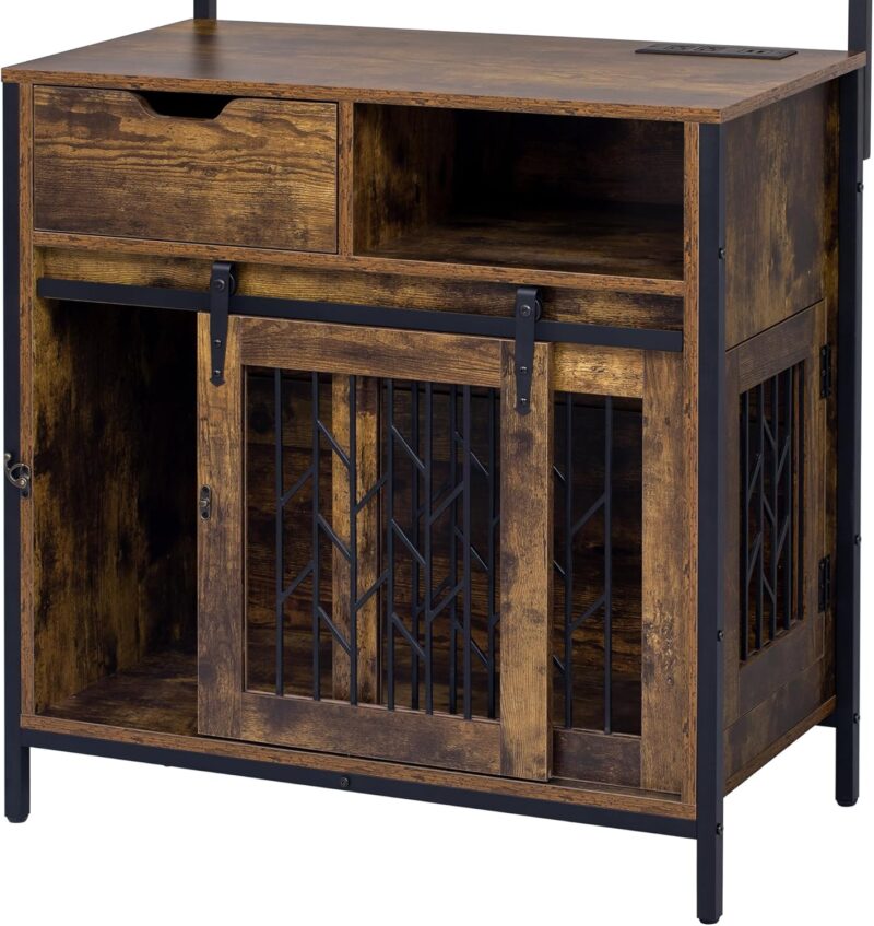 Furniture Style Dog Crate,Composite Desk, Hutch Pet Friendly Furniture with Sliding Barn Doors, Storage Shelves,Hanging Space and Charging Station,Durable Construction (Rustic Brown) - Image 8