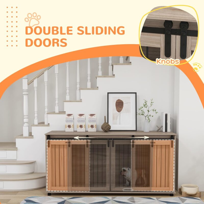 Dog Crate Furniture with Removable Divider for 2 Small Dogs or 1 Large Dog, 71" Modern Dog Kennel Furniture End Table with Storage, Double Doors, Walnut - Image 3