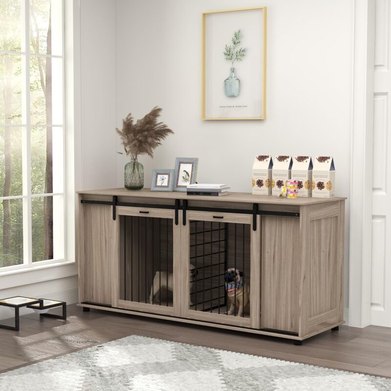 Dog Crate Furniture with Removable Divider for 2 Small Dogs or 1 Large Dog, 71" Modern Dog Kennel Furniture End Table with Storage, Double Doors, Walnut - Image 9