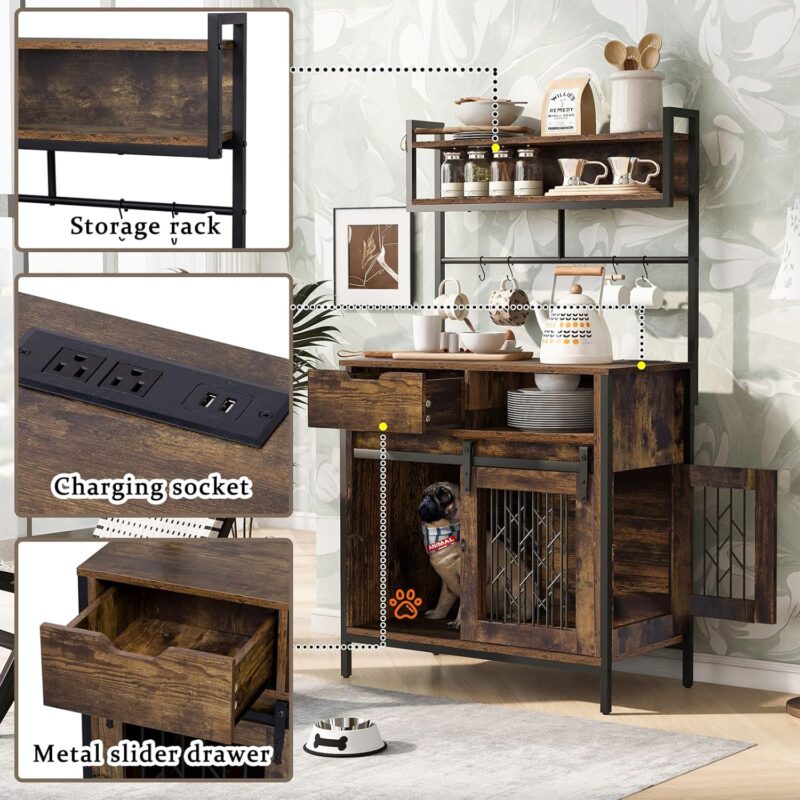 59” Dog Crate Furniture with Storage Shelves, Dog Kennel Indoor with Hutch, Wood Dog Crate with Power Outlets, Indoor Dog House for Medium Large Dogs - Image 3