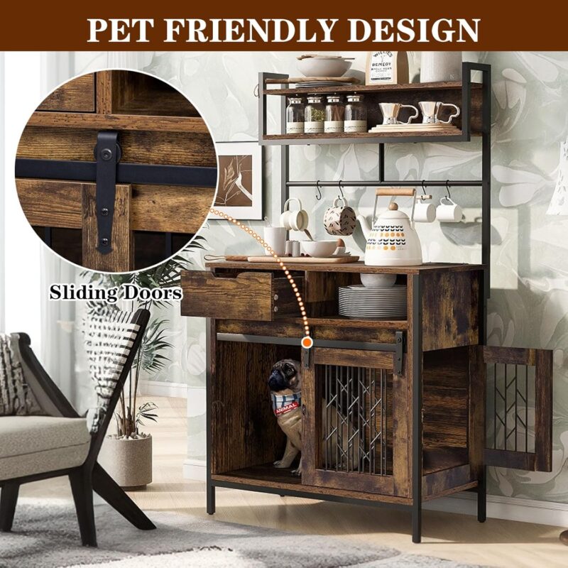 59” Dog Crate Furniture with Storage Shelves, Dog Kennel Indoor with Hutch, Wood Dog Crate with Power Outlets, Indoor Dog House for Medium Large Dogs - Image 5