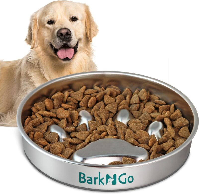 BarkNGo Slow Feeder Dog Bowl, Stainless Steel Slow Feeding Dog Bowl, 2 Cup Non-Slip Metal Slow Feeder Dog Bowl Suitable for Dry, Wet & Raw Food, Dog Water Bowl for Small & Medium Sized Fast Eater Dogs