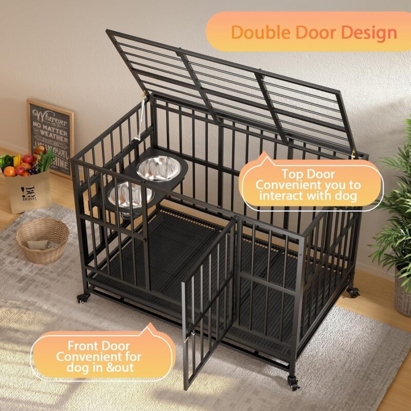 43" Dog Crate Heavy Duty Cage with Unique Air Lift Rod/Wheels/ 360° & Adjustable 2 Bowls, Extra Medium Dog House - Image 4