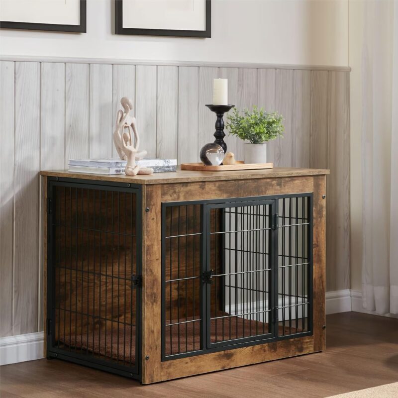 Multi-Functional Dog Crate Furniture with Cushion – 32" Wooden Dog Kennel with Double Doors, Rustic Brown, Adjustable Feet, Easy Assembly (Small/Medium Dogs) - Image 9