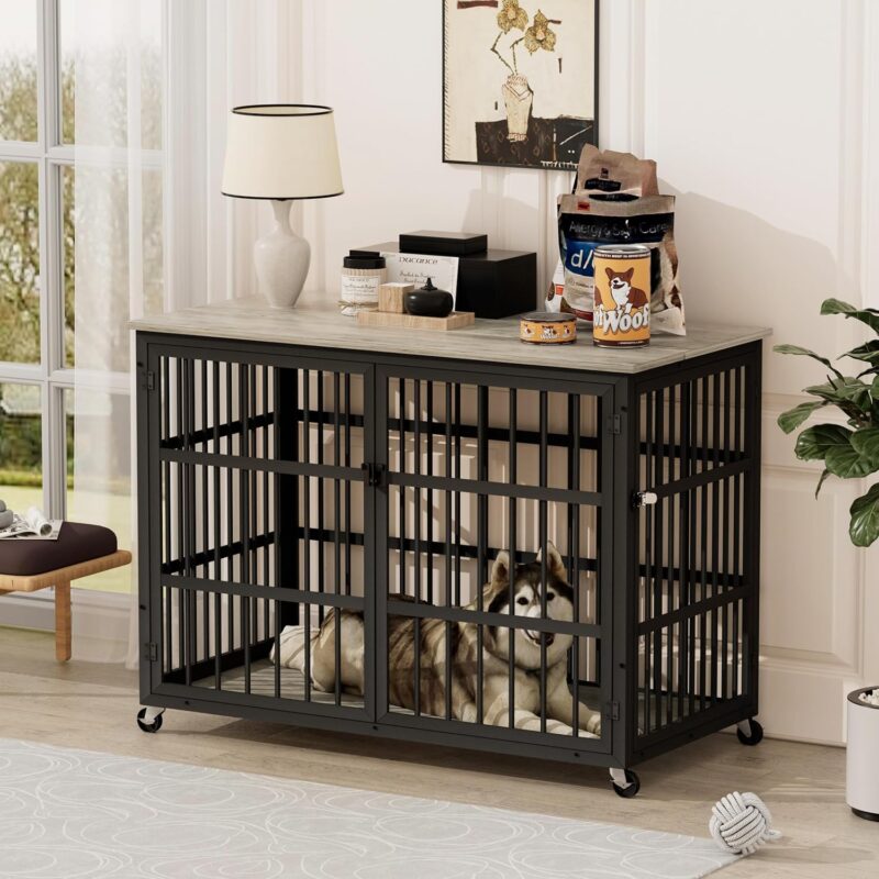 Furniture Style Dog Crate, Wrought Iron Frame with Side Openings, Rustic Brown Wooden Kennel, Medium Dog for Kennel Indoor, 43.3" W x 29.9" D x 33.5" H.