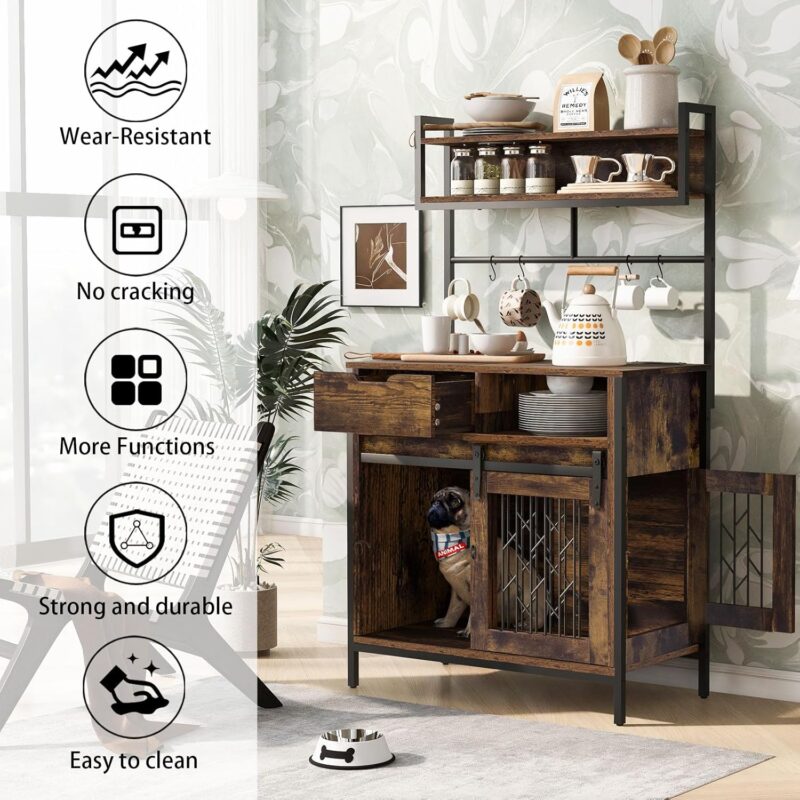 59” Dog Crate Furniture with Storage Shelves, Dog Kennel Indoor with Hutch, Wood Dog Crate with Power Outlets, Indoor Dog House for Medium Large Dogs - Image 7