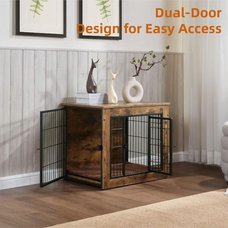 Multi-Functional Dog Crate Furniture with Cushion – 27" Wooden Dog Kennel with Double Doors, Rustic Brown, Adjustable Feet, and Easy Assembly (Small/Medium Dogs) - Image 4