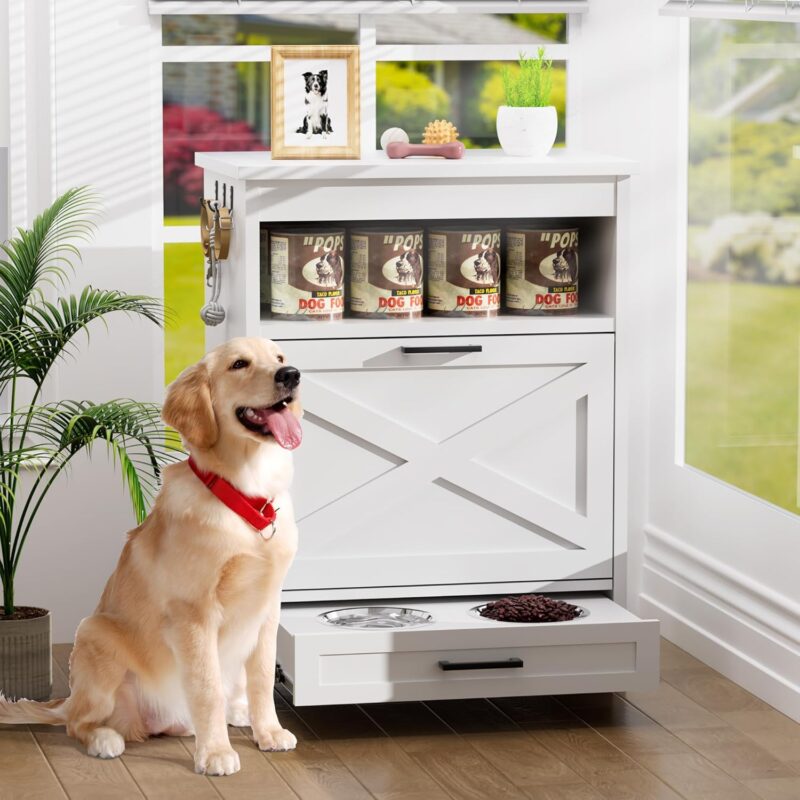 Modern Dog Food Storage Cabinet with 2 Elevated Doggy Bowls, Pet Feeding Station with Organizer, Tilt Out Pet Food Cabinet Furniture, White - Image 3