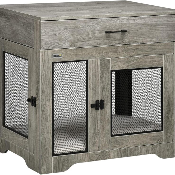 Dog Crate Furniture with Soft Water Resistant Cushion, Dog Crate End Table with Drawer, Puppy Crate for Small Dogs Indoor with 2 Doors, Grey