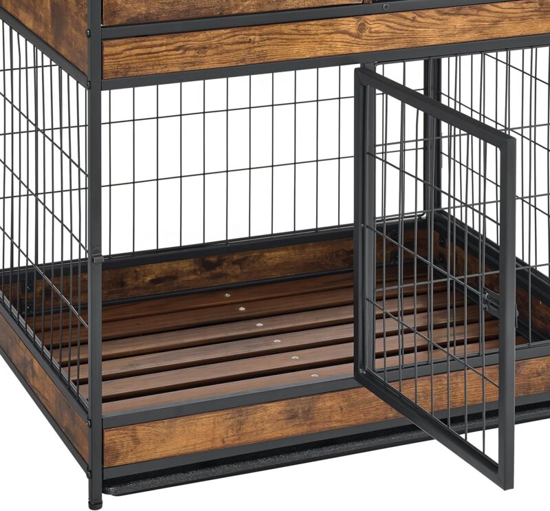 Indoor Dog Crate with Double Door Design Tray and Drawer Storage Space Dog Kennels for Inside 31.5" Wood Dog Crate, Brown - Image 3