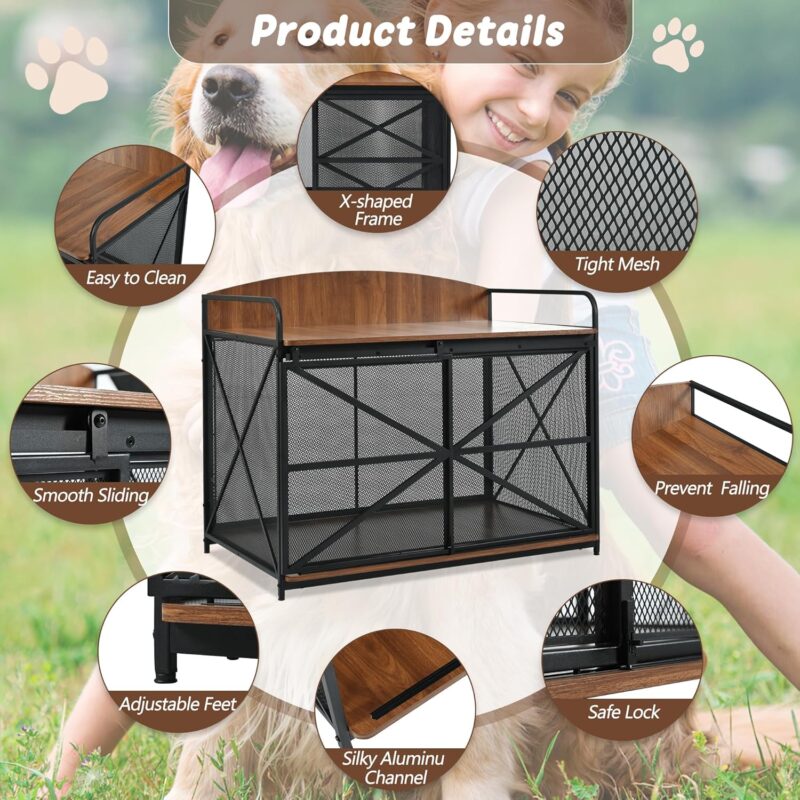 Dog Crate Furniture, 42.8" Inch Heavy Duty Dog Kennel for Medium Large Dogs, Farmhouse Wooden Dog Cage, Modern Indoor Pet House End Table (Brown) - Image 3