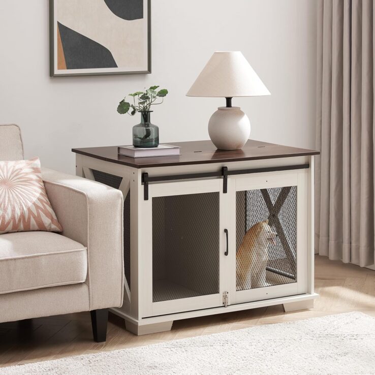 Stylish Farmhouse Wooden Dog Cage with Sliding Barn Door, Flip-Top Plate for Small to Large Dogs, White