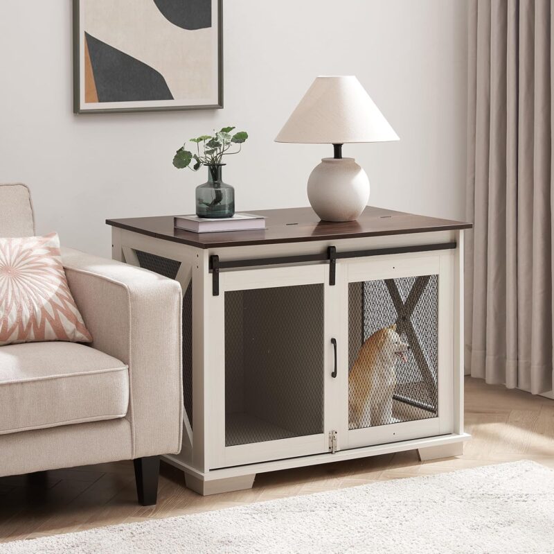 Stylish Farmhouse Wooden Dog Cage with Sliding Barn Door, Flip-Top Plate for Small to Large Dogs, White