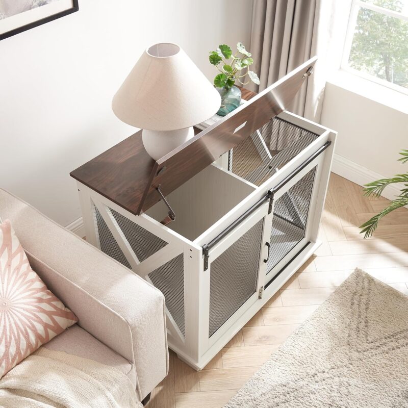 Stylish Farmhouse Wooden Dog Cage with Sliding Barn Door, Flip-Top Plate for Small to Large Dogs, White - Image 5