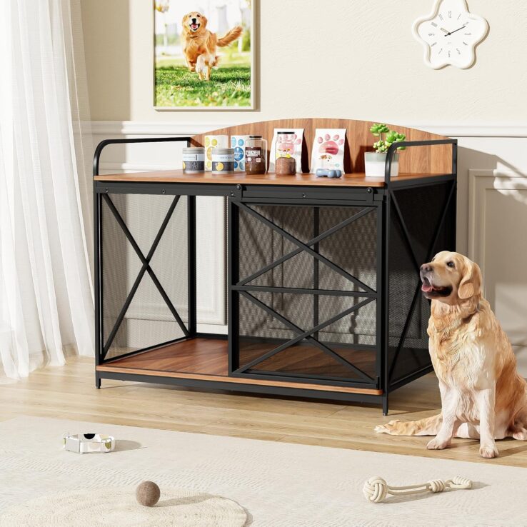 42.8" Heavy Duty Large Dog Crate Furniture for Big Medium Dog, Farmhouse Wooden Dog Kennel Indoor End Table, Decorative Pet House for Large Dogs (Brown)