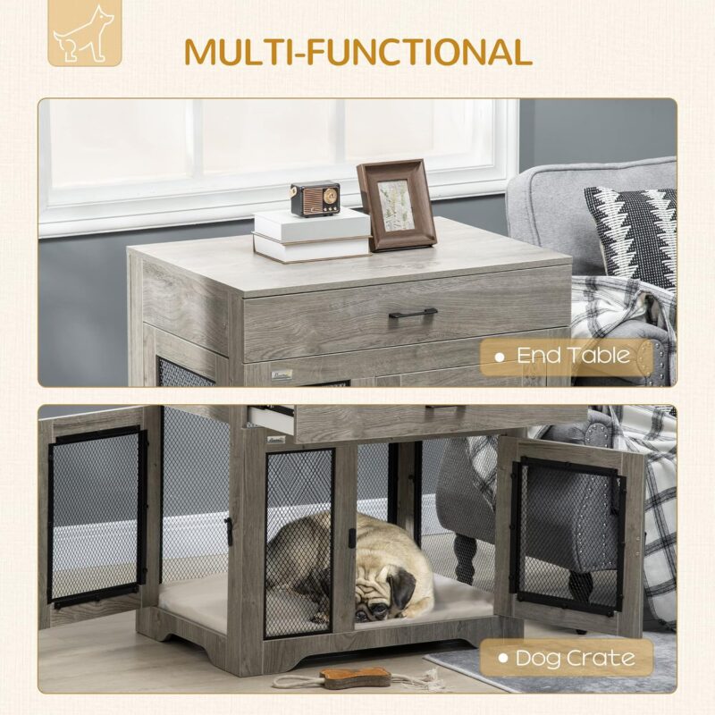 Dog Crate Furniture with Soft Water Resistant Cushion, Dog Crate End Table with Drawer, Puppy Crate for Small Dogs Indoor with 2 Doors, Grey - Image 6