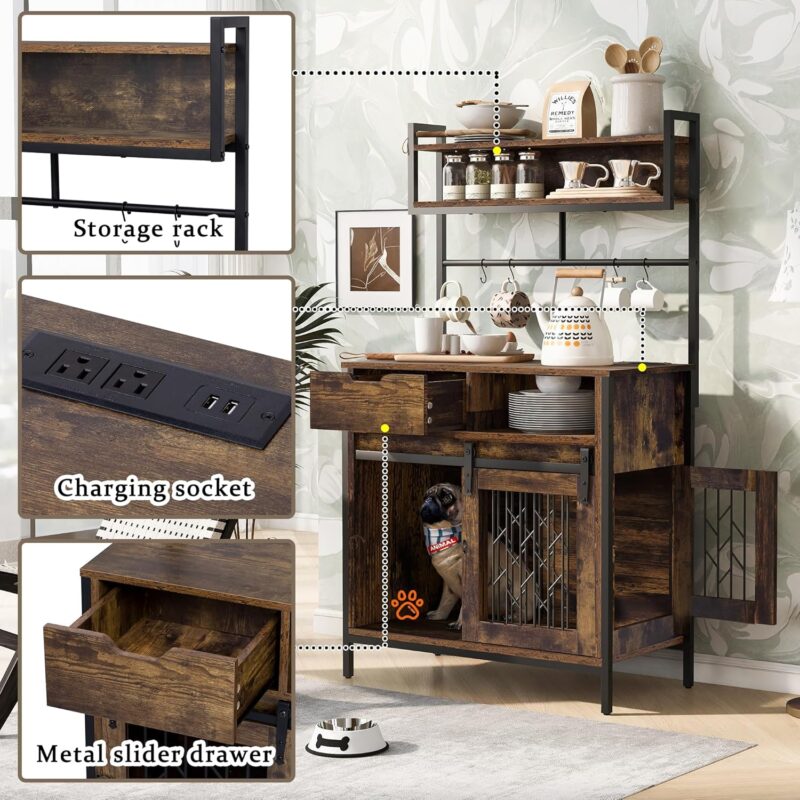 Furniture Style Dog Crate,Composite Desk, Hutch Pet Friendly Furniture with Sliding Barn Doors, Storage Shelves,Hanging Space and Charging Station,Durable Construction (Rustic Brown) - Image 3