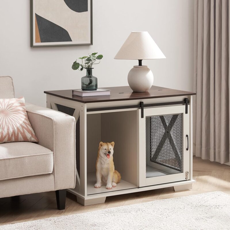 Stylish Farmhouse Wooden Dog Cage with Sliding Barn Door, Flip-Top Plate for Small to Large Dogs, White - Image 6