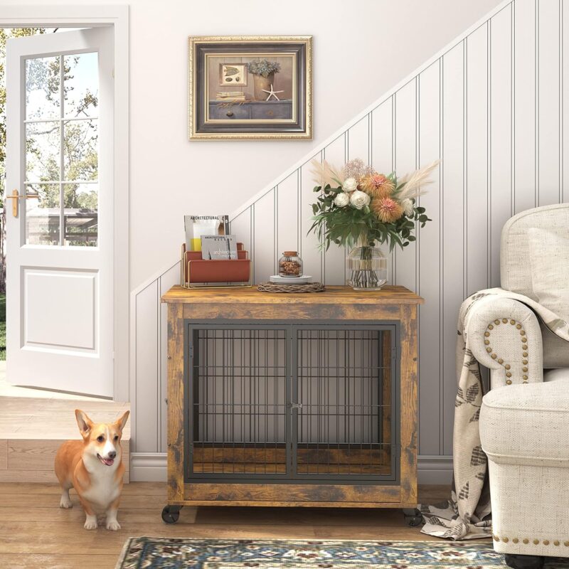 Dog Crate，Dog Crate Furniture with Wheels，Dog crates for Medium Dogs，Rustic Brown,360* Degree Visibility. (Brown,) - Image 3