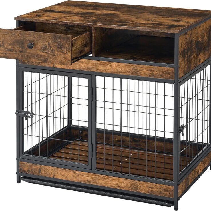 Indoor Dog Crate with Double Door Design Tray and Drawer Storage Space Dog Kennels for Inside 31.5" Wood Dog Crate, Brown