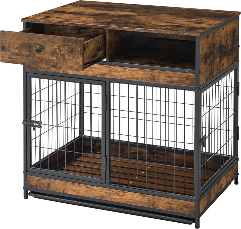 Indoor Dog Crate with Double Door Design Tray and Drawer Storage Space Dog Kennels for Inside 31.5" Wood Dog Crate, Brown