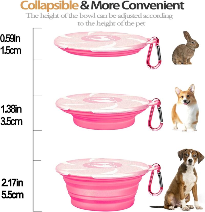 Collapsible Dog Bowl - Travel Dog Bowls with Lids & Carabiners, Portable Pet Bowls Silicone Feeding Watering Bowls Dish for Dogs Cats, 450ml/15oz Collapsable Doggy Bowl for Hiking Camping (Pink) - Image 5