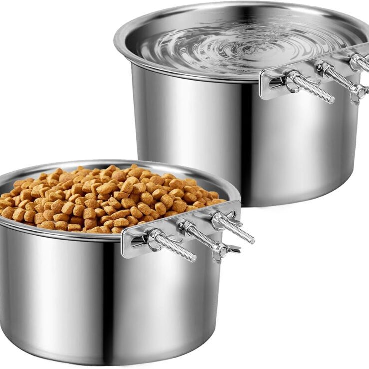 2 Pack Dog Crate Water Bowl Stainless Steel Dog Bowls No Spill Hanging Water Food Bowls for Kennel Cage Crate Mountable Pet Feeder Dish for Medium and Small Dog Cat Pet (6.3" x 4")