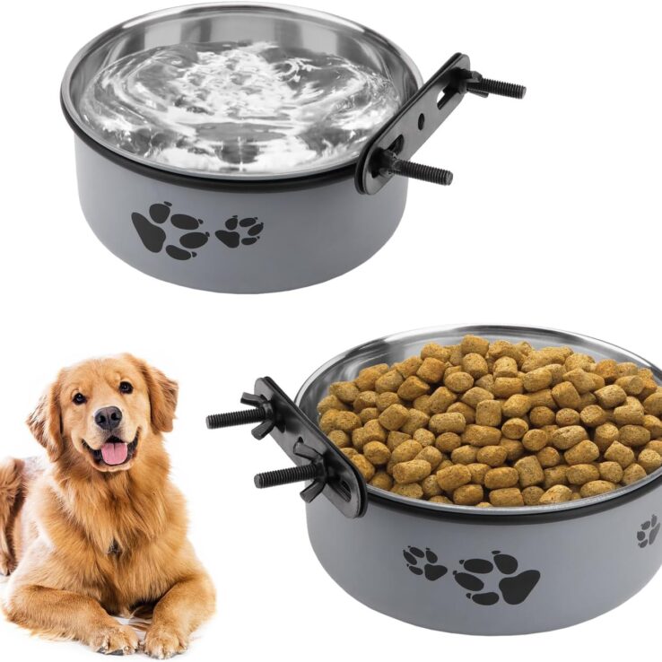 Stainless Steel Dog Crate Bowls Hanging No Spill 2 PCS - Adjustable Mountable Kennel Bowls for Medium/Large Dogs, Anti Spill Water & Food Bowl Set (Gray, M(5.5"+6.3"))