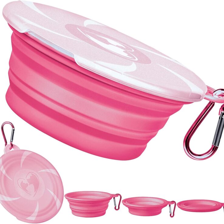 Collapsible Dog Bowl - Travel Dog Bowls with Lids & Carabiners, Portable Pet Bowls Silicone Feeding Watering Bowls Dish for Dogs Cats, 450ml/15oz Collapsable Doggy Bowl for Hiking Camping (Pink)