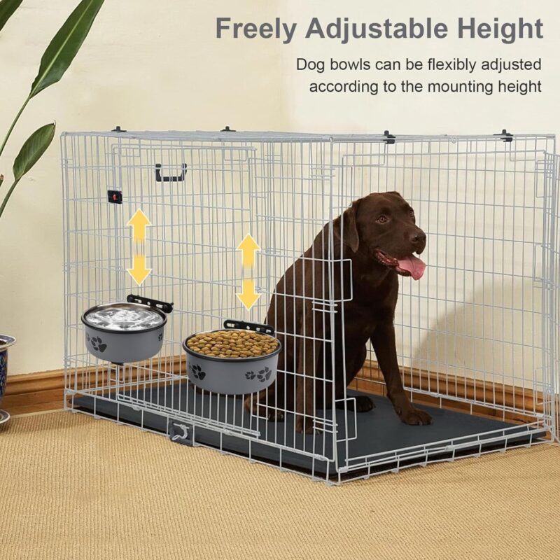 Stainless Steel Dog Crate Bowls Hanging No Spill 2 PCS - Adjustable Mountable Kennel Bowls for Medium/Large Dogs, Anti Spill Water & Food Bowl Set (Gray, M(5.5"+6.3")) - Image 2
