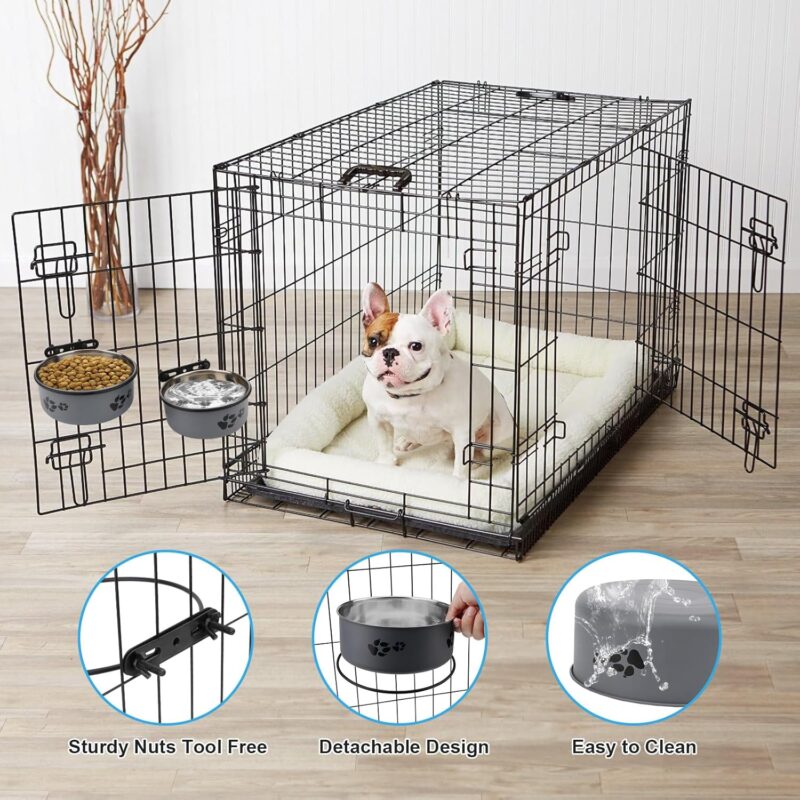 Stainless Steel Dog Crate Bowls Hanging No Spill 2 PCS - Adjustable Mountable Kennel Bowls for Medium/Large Dogs, Anti Spill Water & Food Bowl Set (Gray, M(5.5"+6.3")) - Image 5